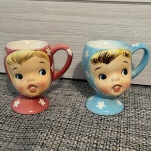 Napco Ceramic Miss Cutie Pie Egg Cup Blue White Flower Kids Vintage